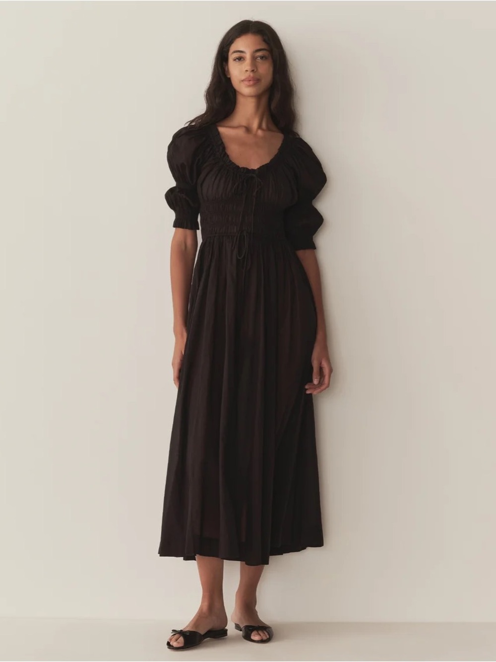 Doen Black Midi Dress with Puff Sleeves